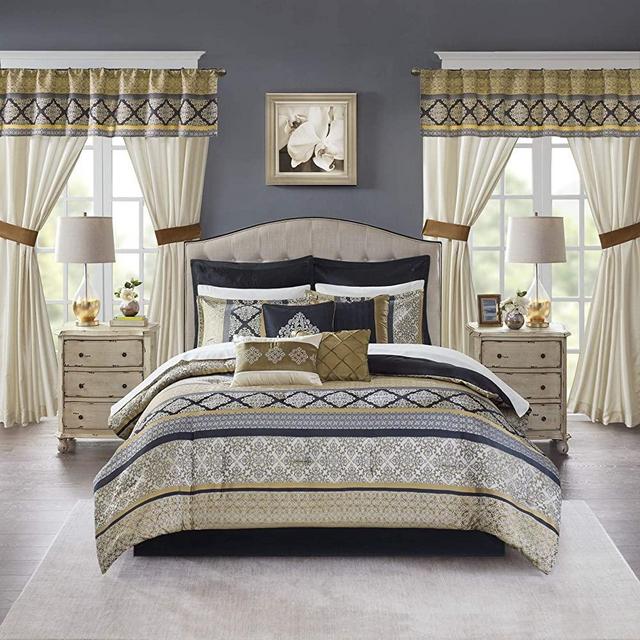 Madison Park Essentials 24-Piece Room in A Bag Comforter Set-Satin Jacquard All Season Luxury Bedding, Sheets, Decorative Pillows and Curtains, Valance, Queen(90"x90"), Windsor, Black/Gold