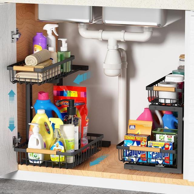 Liuoud Under Sink Organizer 2 Pack, Height Adjustable Under Sink Organizers and Storage Shelf, 2 Tier Pull Out Cabinet Drawers for Kitchen Bathroom, Metal Under Sink Storage Rack, Black