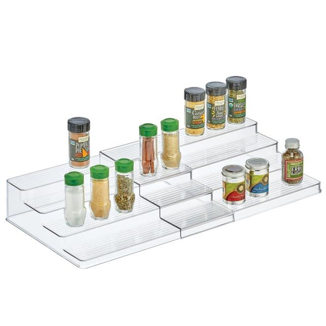 mDesign Plastic Adjustable, Expandable Kitchen Cabinet, Pantry, Shelf Organizer/Spice Rack with 4 Tiered Levels of Storage for Spice Bottles, Jars, Seasonings, Baking Supplies - Clear