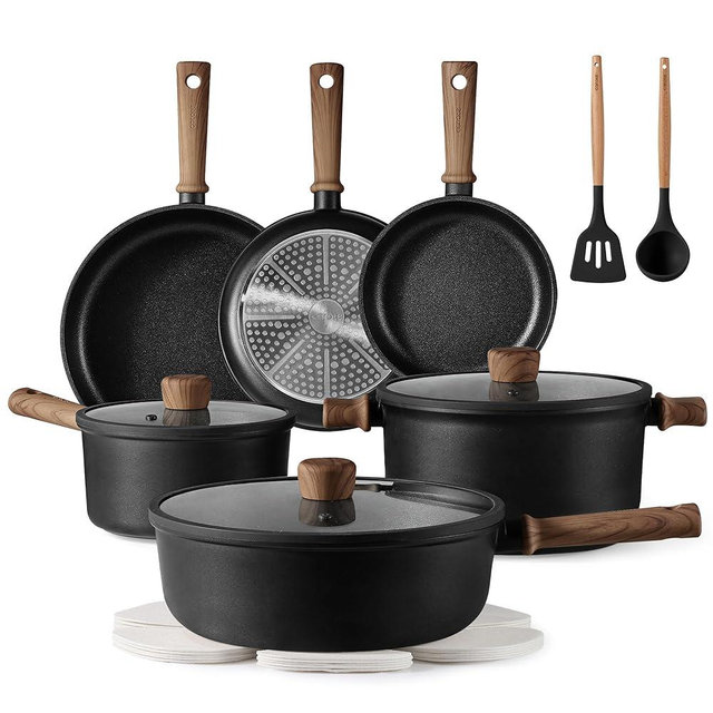 CAROTE 16pcs Pots and Pans Set Non Stick, Nonstick Kitchen Cookware Sets, Induction Cookware Sets with Stay-Cool Handle, Black