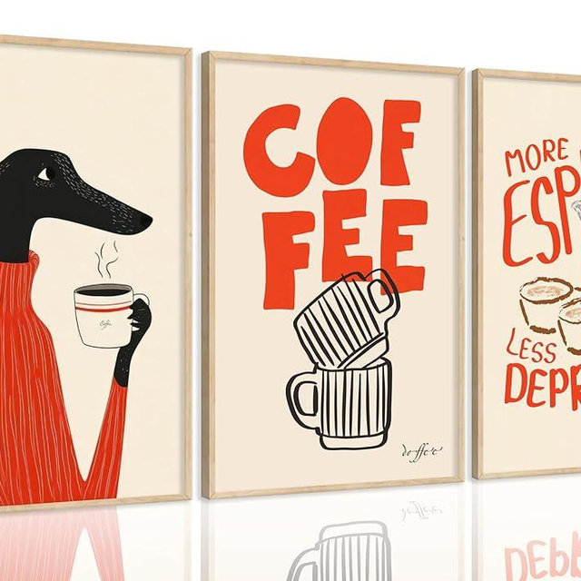 GKQMSP 3PCS Funny Coffee Wall Art Dog Drinking Coffee Canvas Wall Decor Vintage Cafe Kitchen Painting Minimalist Cafe Espresso Art Prints Picture for Home Office Dining Room,UNFRAMED
