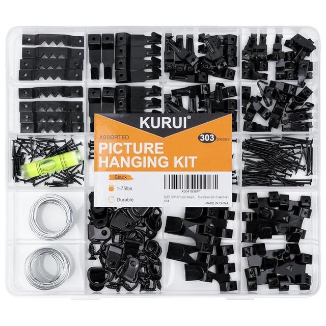 KURUI 303Pcs Picture Hangers for Drywall, Picture Hanging Kit with Heavy Duty Wall Hooks, Sawtooth, Picture Wire, D Rings, Hardware Nails, Eye Hooks, Black Heavy Duty Frame Hooks