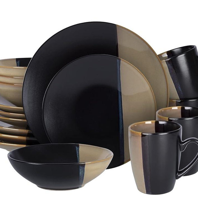 Home VSS, Stoneware Dinner Set Reactive Glaze (16pc Set, Black + Beige)