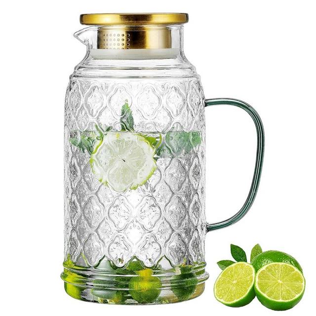 Buaic Glass Pitcher with Lid,84 oz/2.5L Liter Vintage Water Pitcher, Clear Borosilicate Glass Water Carafe for Cold Brew, Coffee, Lemonade, Iced Tea, Juice, Beverage, Heat Resistant Water Glass Jug