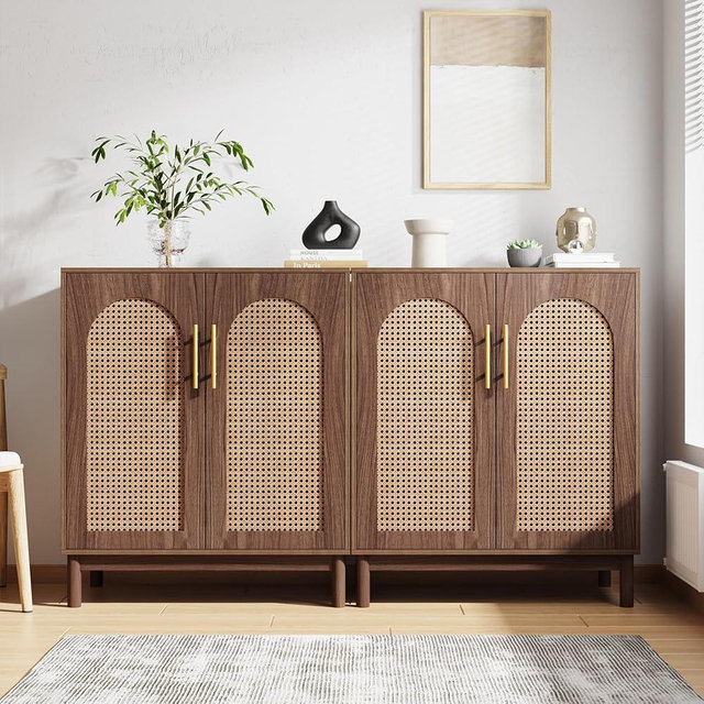 Tribesigns Set of 2 Rattan Sideboard Buffet Cabinet with Storage, 59 Inch Accent Cabinet for Dining Room, Living Room, Kitchen, Rattan and Dark Brown
