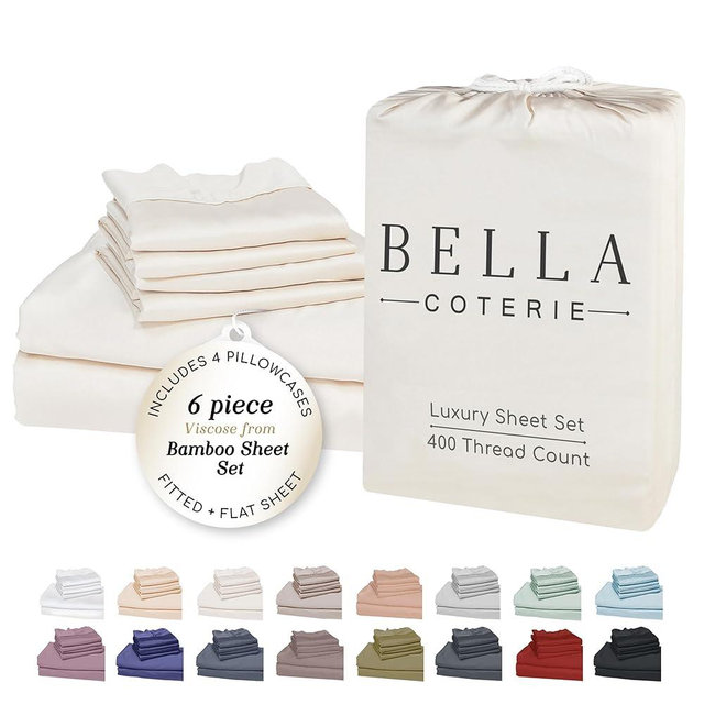 Bella Coterie 6 Piece Luxury Bamboo Viscose Queen Size Sheet Set | 100% Organically Grown | Cooling for Hot Sleepers | 18" Deep Pocket | Soft & Hypoallergenic | 4 Pillowcases [Ivory]