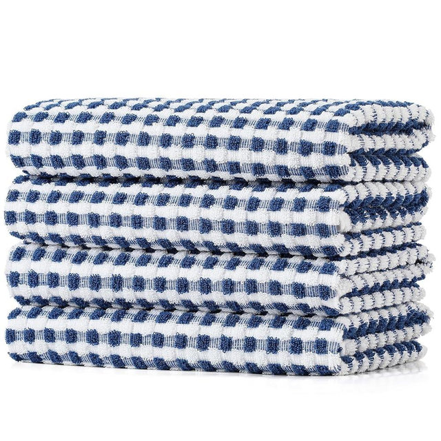 SALAS Cotton Dish Towels Cloths for Kitchen Drying Dishes, Lattice Terry Towels, Highly Absorbent Kitchen Cloths with Hanging Loop, 16‘’ x 26‘’, 4 Packs, Blue