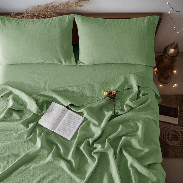 LBRO2M 100% Pure Linen Sheet Set Deep Pocket Up to 16" Bed Sheets Sets, Natural Flax Beddings Soft, Breathable, Comfortable for All Seasons 4 Pcs Sheet Set California King Size, Green