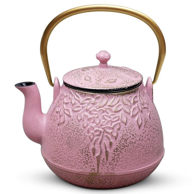 TOPTIER Japanese Cast Iron Teapot with Infuser, Stovetop Safe, Leaf Design Tea Kettle, Enameled Interior, 32 Ounce (950 ml), Blush Pink
