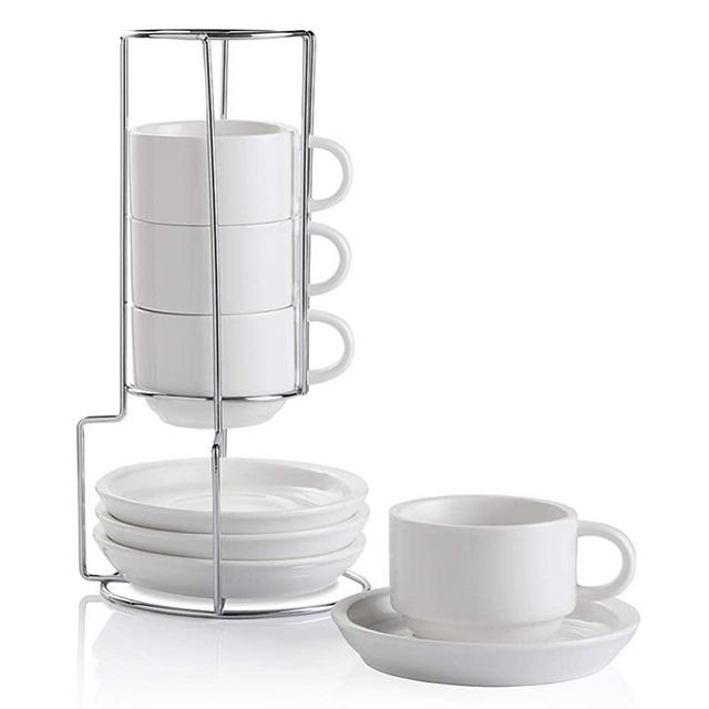 SWEEJAR Porcelain Espresso Cups with Saucers, 4 Ounce Stackable Cappuccino Cups with Metal Stand for Coffee Drinks, Latte, Tea - Set of 4 (White)
