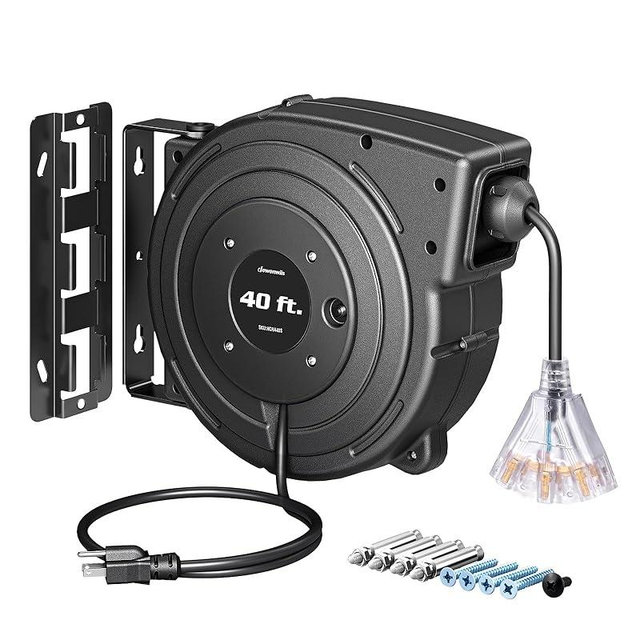 DEWENWILS Extension Cord Reel, 40FT Retractable Cord Reel, 12/3AWG SJTOW, Lighted Triple Tap Outlets, 15 Amp Circuit Breaker, Ceiling/Wall Mount, UL Listed