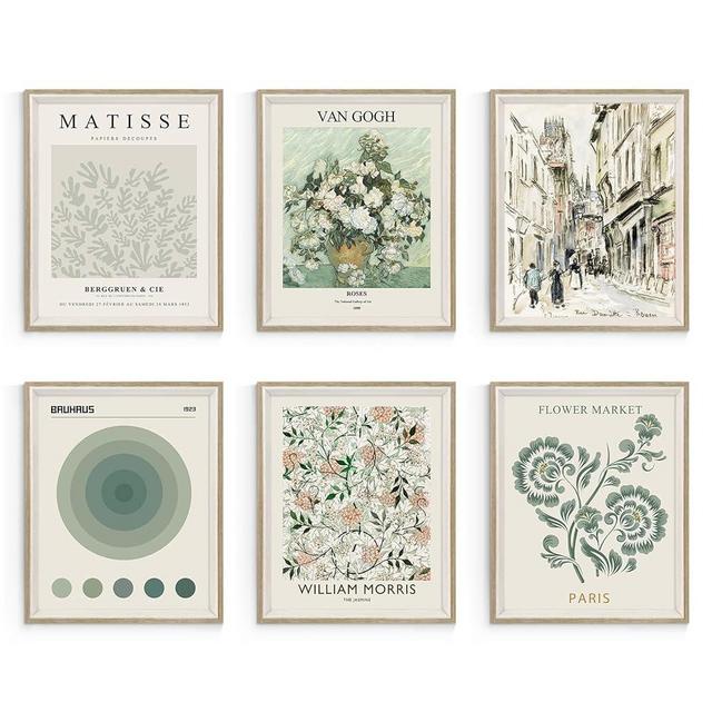 Habseligkeit Sage Green Master Wall Art Prints, Abstract Matisse Wall Art Exhibition Posters, Vintage Art Prints, Retro Room Decor for Bedroom Aesthetic Framed, 8x10in, Set of 6