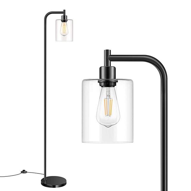 Industrial Floor Lamp with Hanging Glass Shade Black Farmhouse Indoor Pole Light with Edison E26 Base Vintage Rustic Standing Tall Lighting for Living Room Bedroom Office(Bulb Not Included)