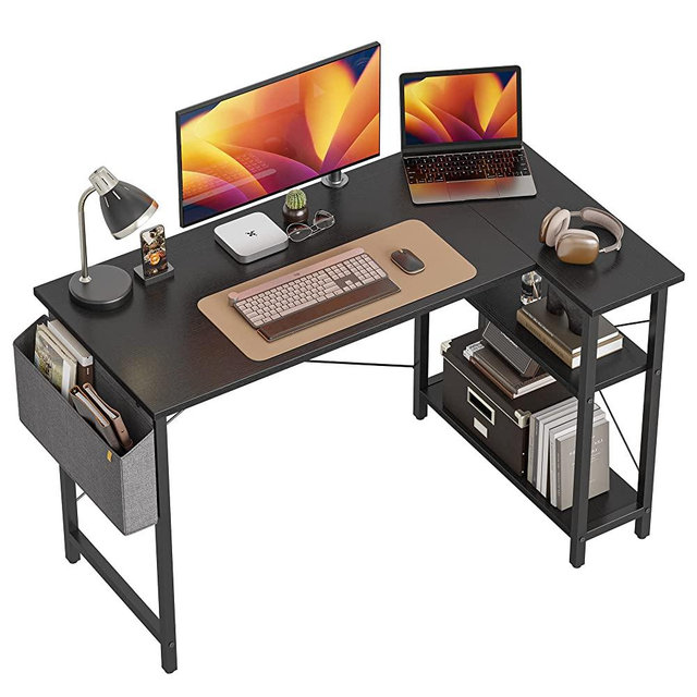 CubiCubi 47 Inch Small L Shaped Computer Desk with Storage Shelves Home Office Corner Desk Study Writing Table, Black