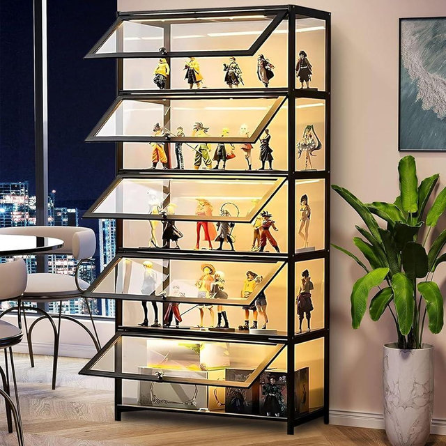 Display Cabinet with Acrylic Glass Doors, 5-Tier Transparent Bamboo Curio Display Case for Figures, Display Shelves for Collectibles & Kids Bookcase for Home, Office, Playroom, Living Room