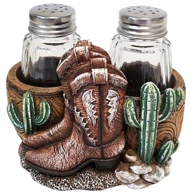 The Bridge Collection 3.25" Boots and Cactus Salt and Pepper Shaker Holder Set - 3 Piece Set - Southwest Kitchen Items - Fun Salt and Pepper Shakers for Western, Southwestern, or Cowboy Decor