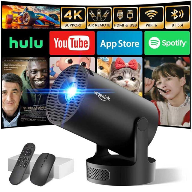 [Built-in Apps & 2025 Upgraded] Mini Projector with WiFi 6 and Bluetooth 5.4 Support 4K 1080P Auto Keystone 180° Rotatable Projector Portable Compatibile with HDMI/TV Stick/Memory Stick/Laptop