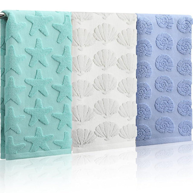 Remagr 3 Pcs Coastal Hand Towels Set for Bathroom 100% Cotton Jacquard Bath Towels 29.5 x 13.8 Inch Seashell Starfish Conch Ocean Sea Beach Soft Kitchen Towel Gift for Home Bathroom Summer Decor
