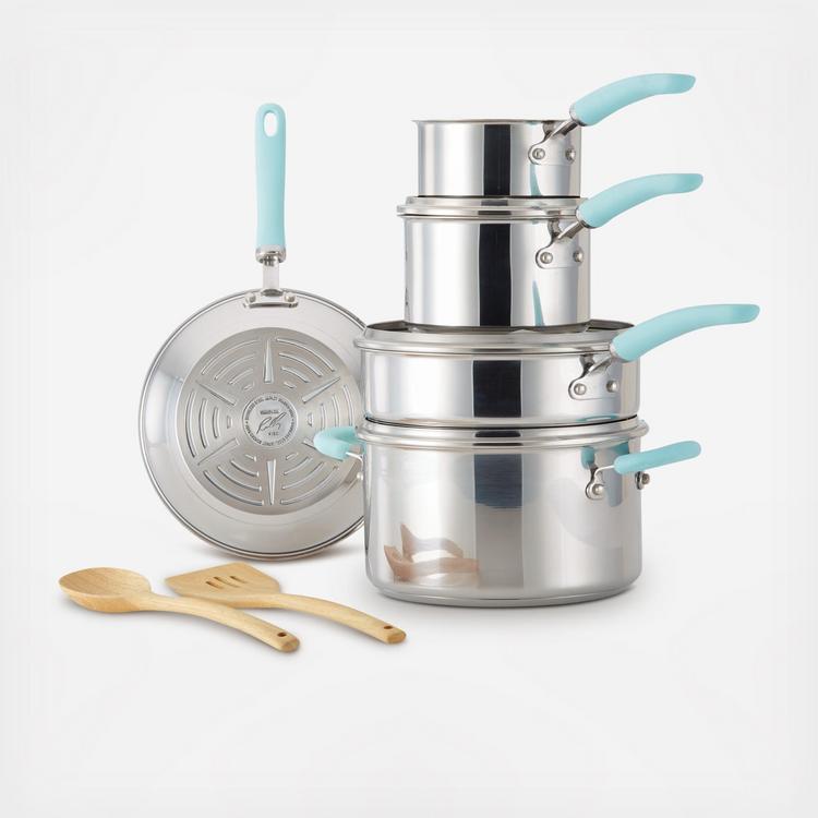 Tasty Cast Aluminum Cookware Set with Smart Heat Base, Dishwasher Safe,  Blue, 10 Piece 
