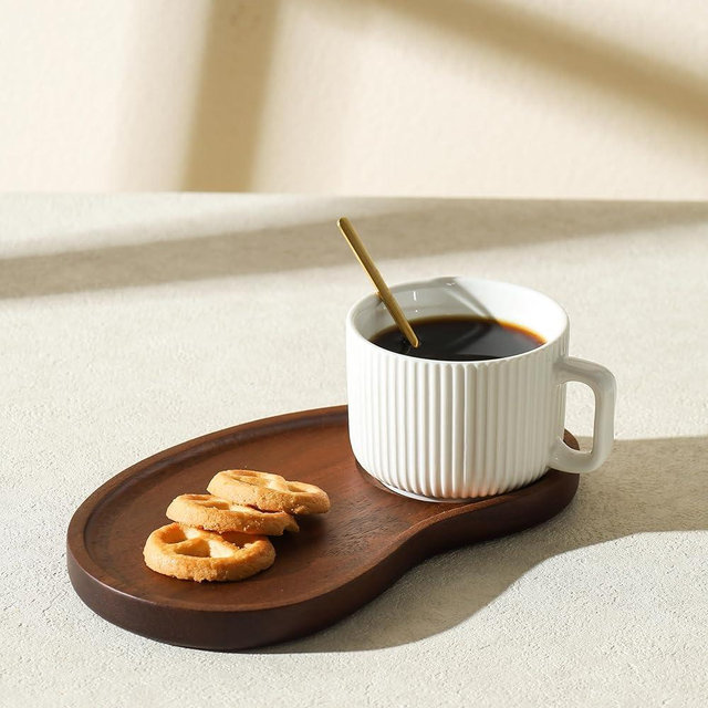 AYUCIA 8OZ Coffee Cup with Solid Wood Tray for Tea/Coffee Break, Ceramic Mug with Acacia Serving Saucer and Spoon, White Cream Tea Cup with 9.4inch Wooden Plate for Cappuccino Latte Dessert Breakfast