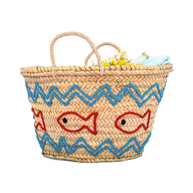 KING OF HANDMADE Handwoven Straw Beach Bag with Fish Motif - Ocean Tote for Women, Summer Vacation Picnic Basket