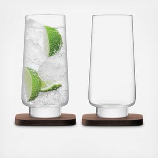 City Bar Collection Long Drink Glass & Walnut Coaster, Set of 2