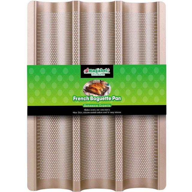 Amagabeli Nonstick French Baguette Pans for Baking 15”x11” Carbon Steel 3 Loaf Perforated Bread Tray Baguette Baking Tray Bake Mold Toast Cooking Oven Toaster Pan Cloche Waves Bakeware Golden