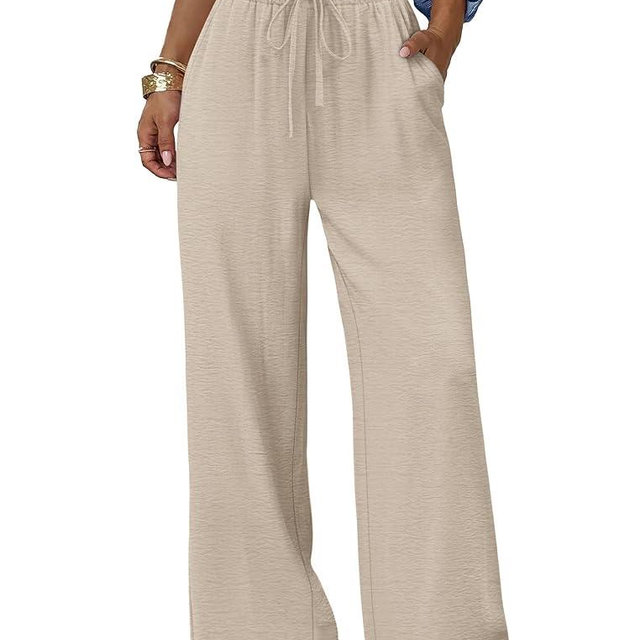Sampeel Wide Leg Pants for Women Flowy Palazzo Drawstring Elastic Waist Trousers with Pockets Summer Beach Vacation Clothes