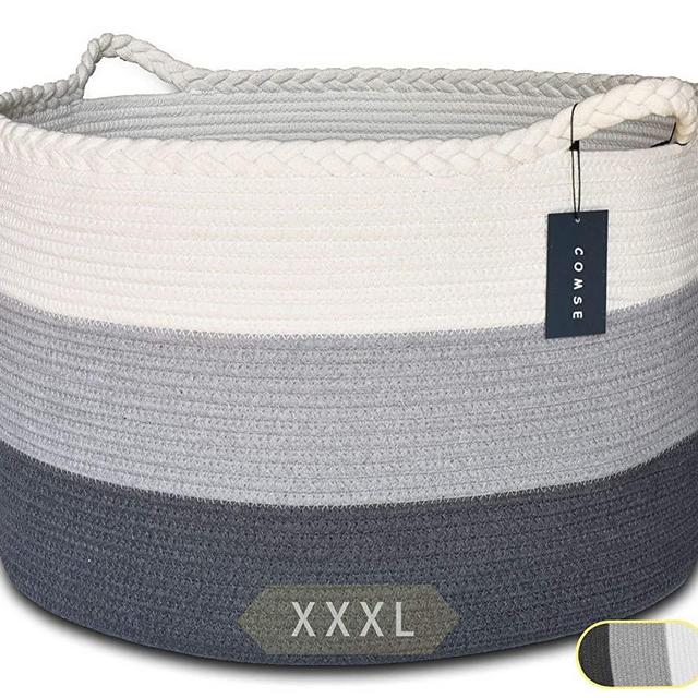 COMSE Extra Large Blanket Basket, Storage Basket, Rope Laundry Basket, 21.7”x 13.8”, Cotton Rope Basket, XXXL Laundry Basket, Toy Basket, Woven Basket, Clothes Baskets, White/Gray