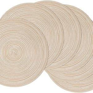 SHACOS Round Placemats Set of 6 Cotton Polyester Braided Place Mats 15 inch Heat Resistant Washable Table Mats for Kitchen Dining Party Natural Table Decor (Beige, 6)