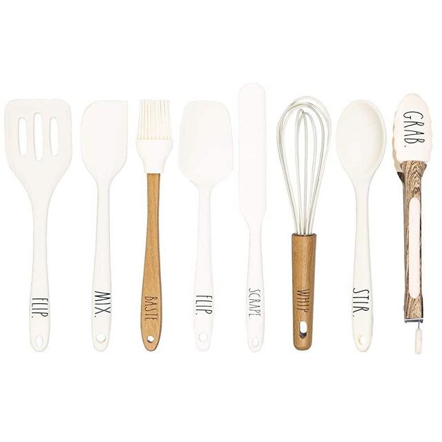 Rae Dunn Everyday Collection 8 Piece Mini Silicone Kitchen Utensil Set- Kitchen Tools with Beechwood Handles- by Cook with Color (White)
