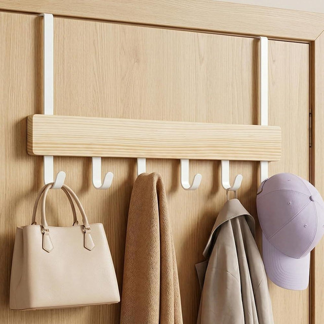 Peasulin Wood & Metal Over the Door Hooks, Sturdy 11IN Over the Door Hook Rack, 6 Door Hooks for Hanging, Door Hanger, Door Towel Rack for Bathroom Bedroom Closet Entryway (Natural Wood)