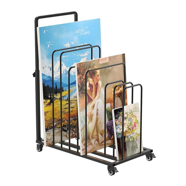 lukar Art Canvas Storage Rack with Handle, Metal Art Storage Rack with Wheels, Mobile Art Drying Rack, Rolling Art Canvas Organizer for Art Studio, Gallery, Artworks, Black