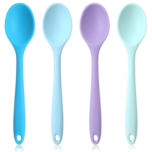 4 Pieces Small Silicone Spoons Multicolored Nonstick Kitchen Spoons Silicone Mixing Spoon for Cooking Heat Resistant Tea Spoon for Kitchen Cooking Baking Serving (Blue Light Blue Purple Cyan)