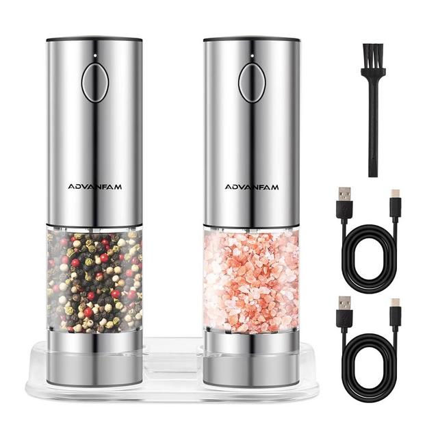 Advanfam Upgraded Capacity Electric Salt and Pepper Grinder Set USB Rechargeable Pepper Grinder with LED Light, Stainless Steel Automatic Salt Pepper Mill come with Storage Base, Adjustable Coarseness