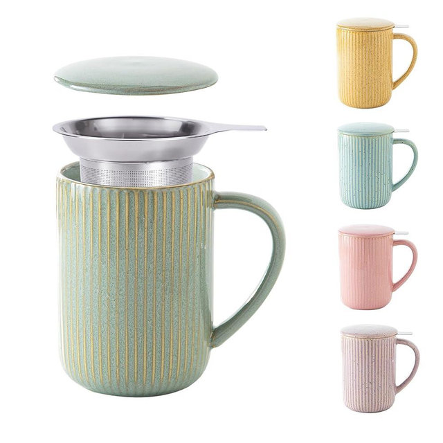 Yundu 15.5oz/470ml Flambe Green Ceramics Teacups with Infuser and Lid, Loose Leaf Tea Cup
