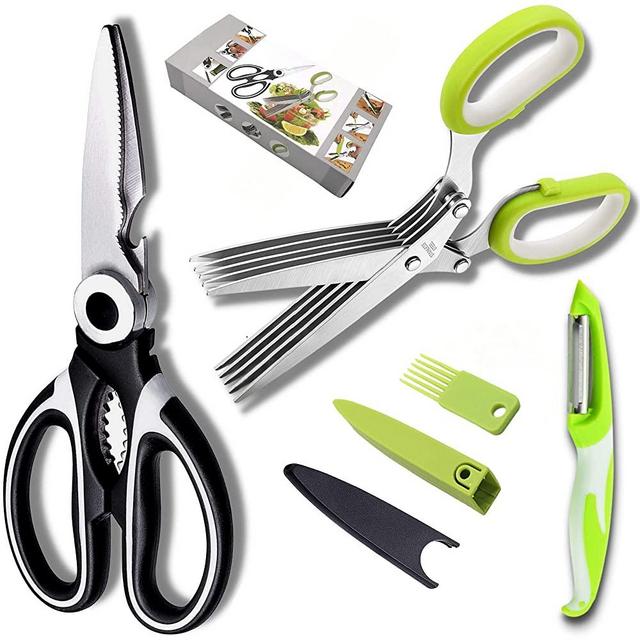 Kitchen Shears Herb Scissors Set - Including a Heavy Duty Multi Function Kitchen Scissors and a 5-blade Herb Shears with Cleaning Comb Cover. Also Comes With a Fruit Peeler, for Cutting Meat, Herbs.