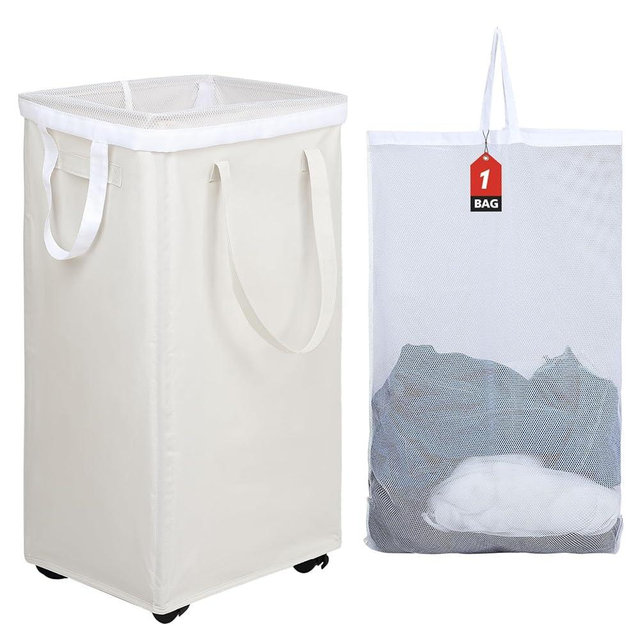 DOKEHOM 90L X-Large Laundry Basket with Removable Wash Bag on Wheels, Collapsible Rolling Laundry Hamper, Foldable Clothes Organizer, Folding Washing Bin (Beige)
