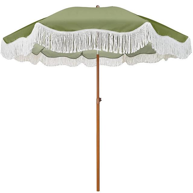 AMMSUN 7ft Patio Umbrella with Fringe Outdoor Tassel Umbrella UPF50+ Premium Steel Pole and Ribs Push Button Tilt, Sage Green