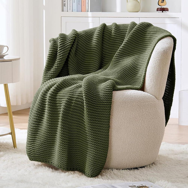 Cable Knit Throw Blanket for Couch, Olive Green Throw Blanket, Soft Cozy Stretchy Reversible Garter Knitted Blankets for Bed, 50"x60", Olive