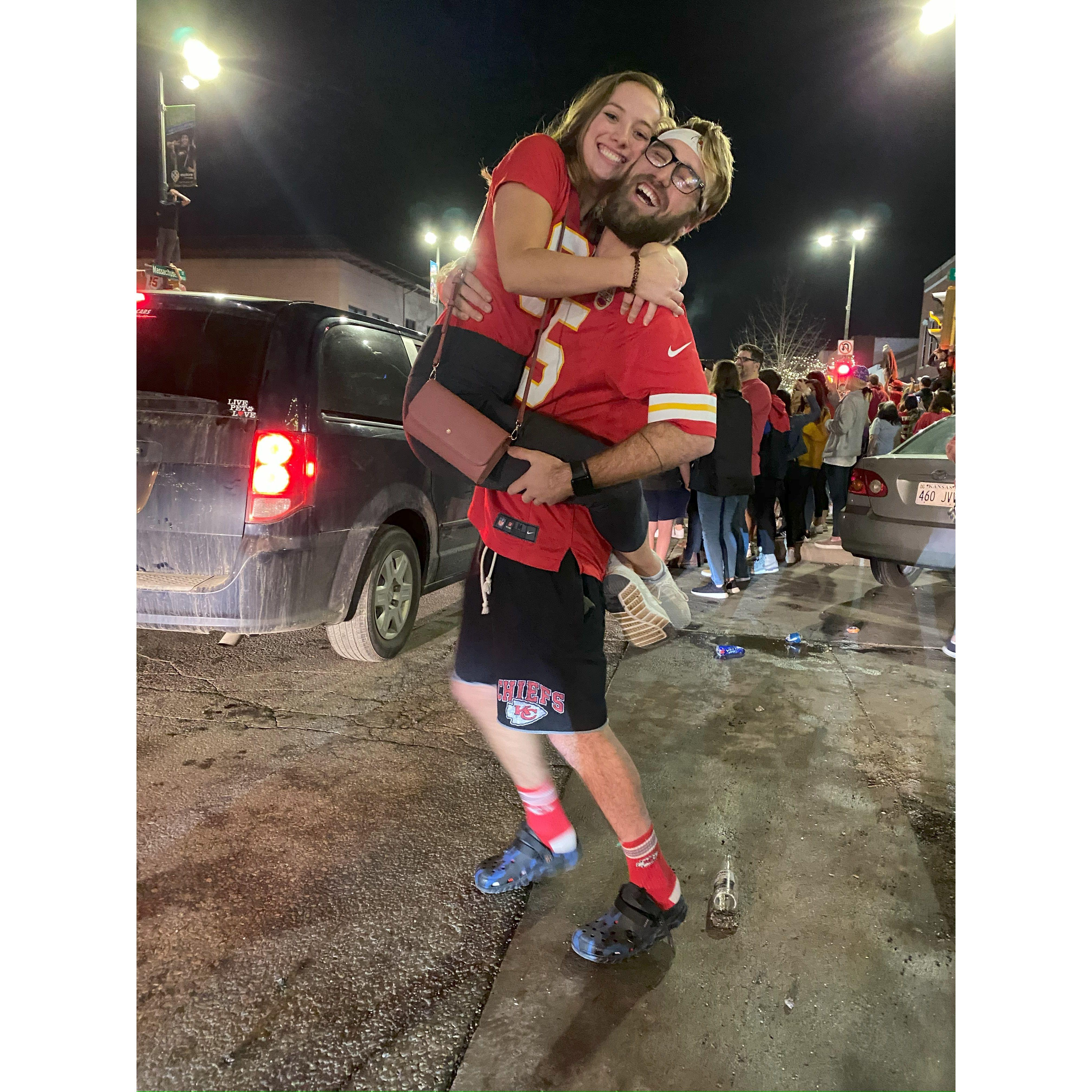 February 2, 2020 - Celebrating on Mass Street after the Chiefs win the Super Bowl