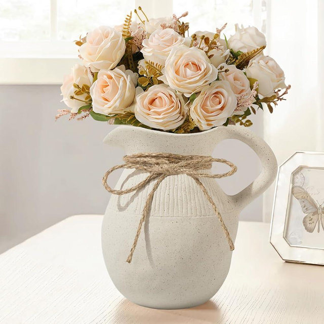 Farmhouse Ceramic Vase with Handle, Rustic Pitcher Vase for Home Decor, Decorative Pottery Vase, Ceramic Jug Flower Vase, Centerpiece for Your Kitchen/Bedroom/Office/Living Room/Shelf/Mantel