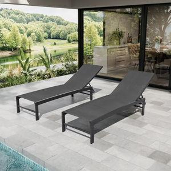 Crestlive Products Set of 2 Black Metal Frame Stationary Chaise Lounge Chair with Black Mesh Seat