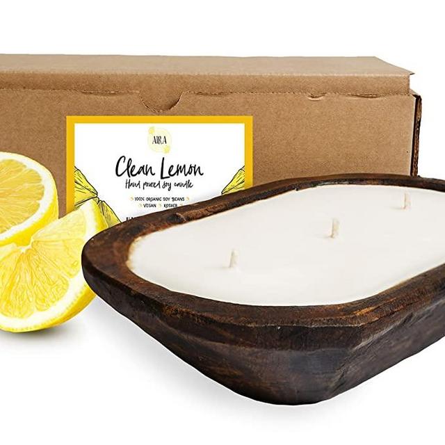 Aira Dough Bowl Candle - Organic, Kosher, Vegan, Hand Carved Wood Bowl Candle w/ Aromatherapy Essential Oils - Hand-Poured 100% Soy Candle Wax - Paraffin Free, Long Lasting - Clean Lemon - 13 Ounces