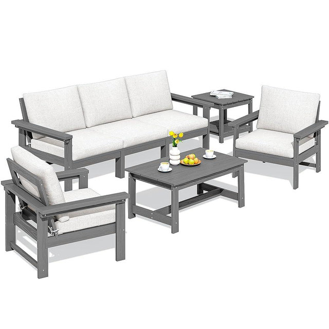 SERWALL HDPE Outdoor Patio Furniture Set, 7-Piece Outdoor Sectional Patio Conversation Set, All Weather Outdoor Couch Set Patio Sofa Set for Deck, Lawn, Grey Frame with Khaki Cushion