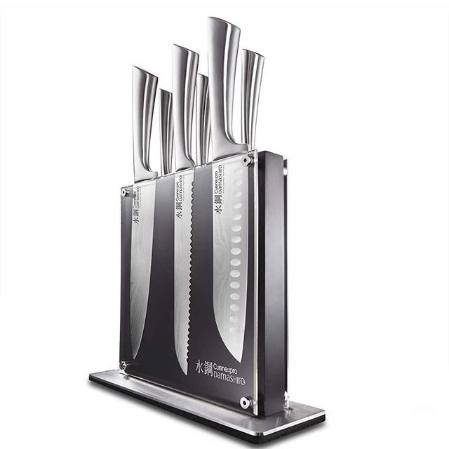 7 Piece Kin Knife Block - Damashiro by Cuisine::pro - 1 Chefs Knife, 1 Bread Knife, 2 Santoku Knife, 1 Utility Knife, and 1 Paring Knife