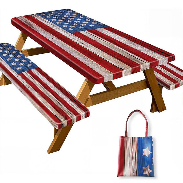 YPHCDO Picnic Table Cover with Bench Covers American Flag Waterproof Windproof Fitted Outdoor Tablecloth with Elastic Rectangle Table Cloth Camping Accessories,72x30 Inch