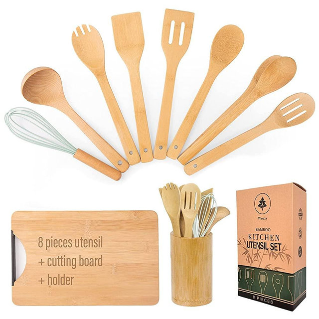 Bamboo Kitchen Utensils,8 Pieces Cooking Utensils Set with Holder And Cutting Board, Wooden Utensils for Cooking, Bamboo Utensils, Wooden Spoon with Cutting Boards, Bamboo Kitchen Utensil Set,Spatula