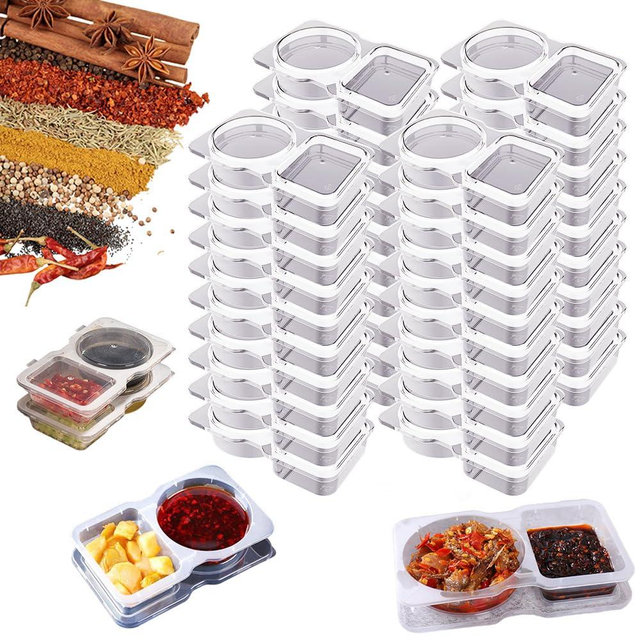 Double Compartment Condiment Container, 2025 New Portable Reusable Sauce Container, Grab And Go Snack Containers with Lids Plastic Snack Containers(50)