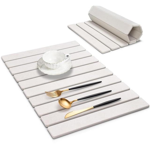 Large Stone Dish Drying Mat for Kitchen Counter, 24"(L)×16"(W), Super Absorbable Diatomaceous Stone Mat, Collapsible Stone Dish Drying Mat for Dishes Bottles, Cups, Match Any Countertop